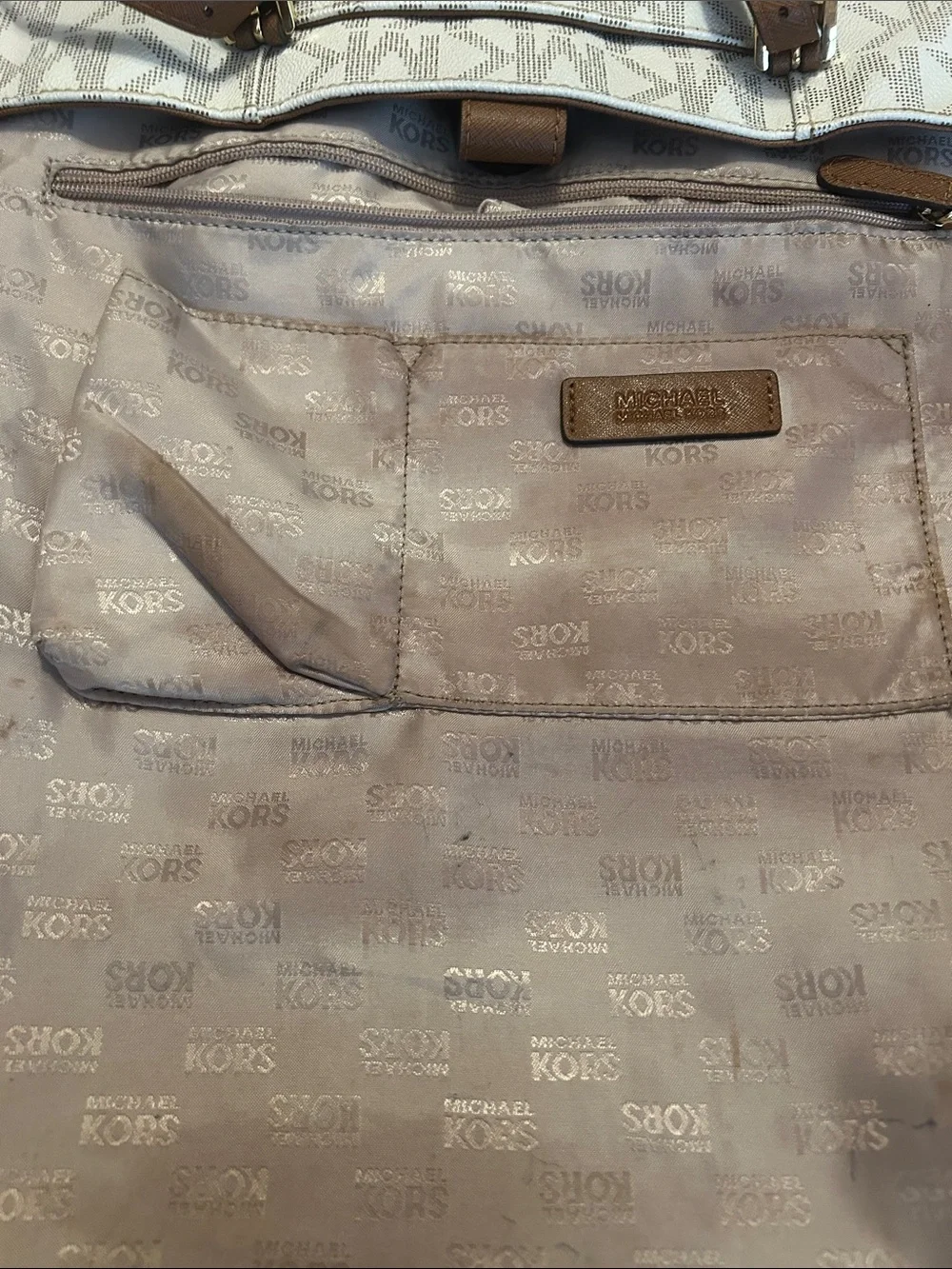 Michael Kors White MK Logo Tote with Brown Straps